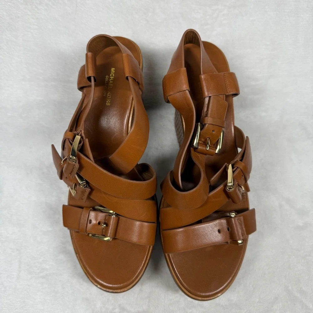Michael‎ Kors Collection Tan Leather Woven Platform Wedge Sandals 38.5/8